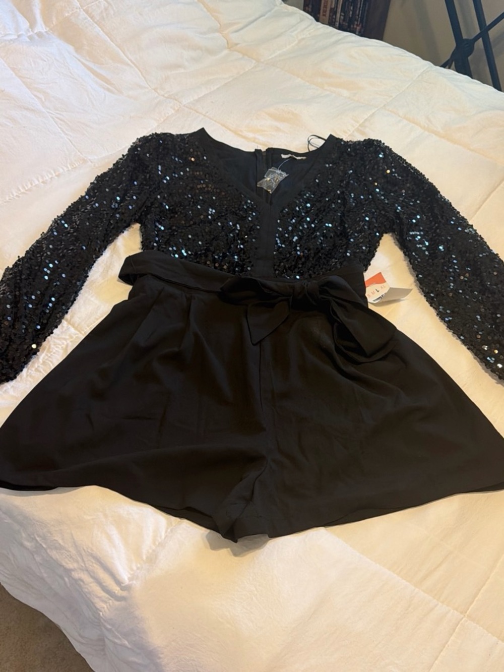 Flying Tomato Black Sequin Long-Sleeve Romper with Bow Waist Tie